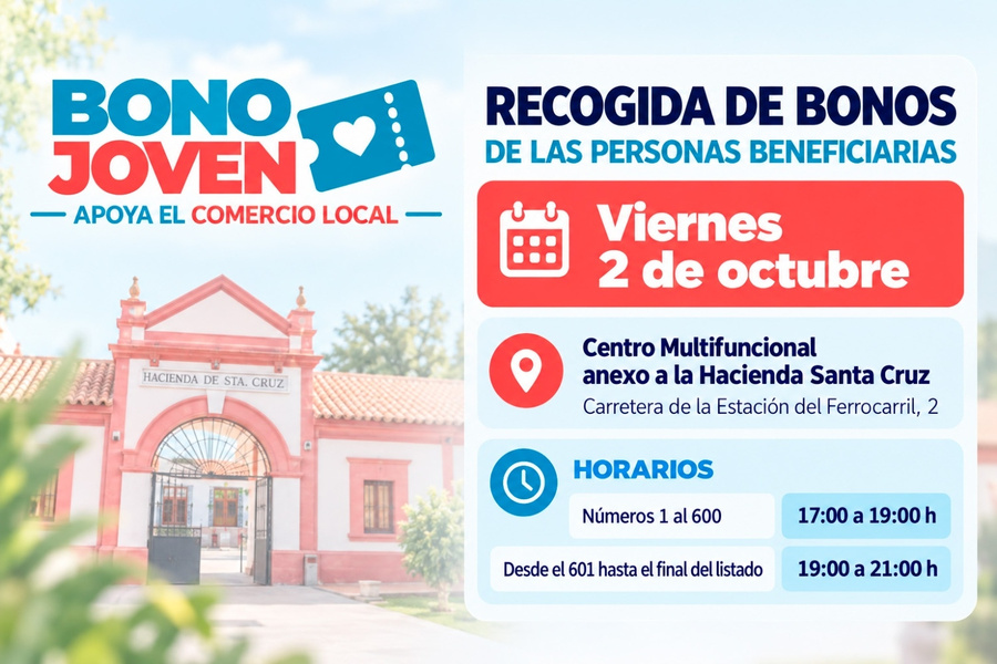 Las personas beneficiarias del Bono de Comercio Joven recogerán sus bonos el 2 de octubre en el Centro Multifuncional de la Hacienda Santa Cruz